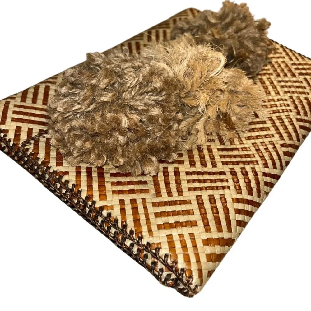 Summer sisal handmade pom poms embellished Phillipines straw clutch bag purse